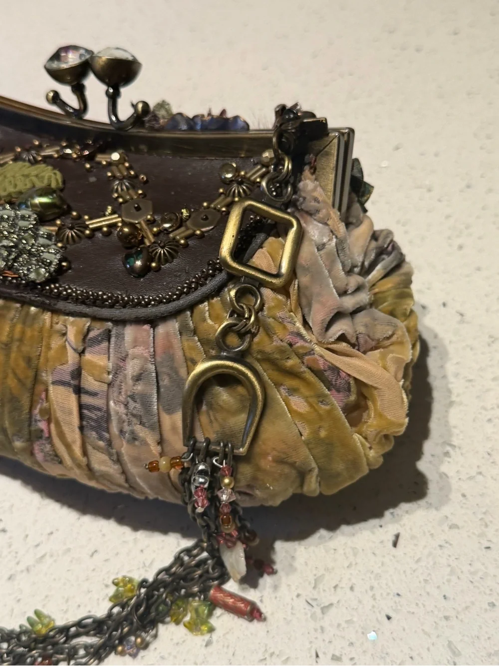 Mary Frances Olive Multi Ruffled Beaded Velvet Clutch